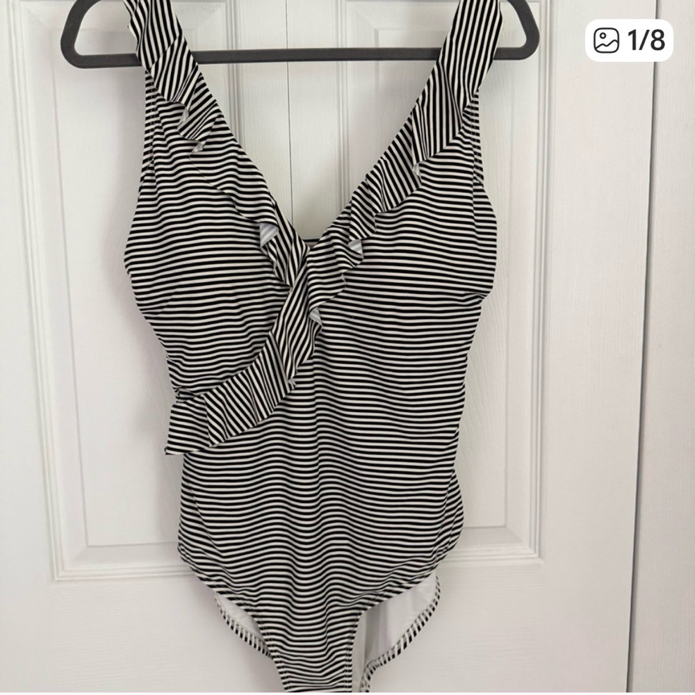 NIP TUCK SWIM Striped One Piece Swimsuit Tummy Control Ruffle V-Neck US 10